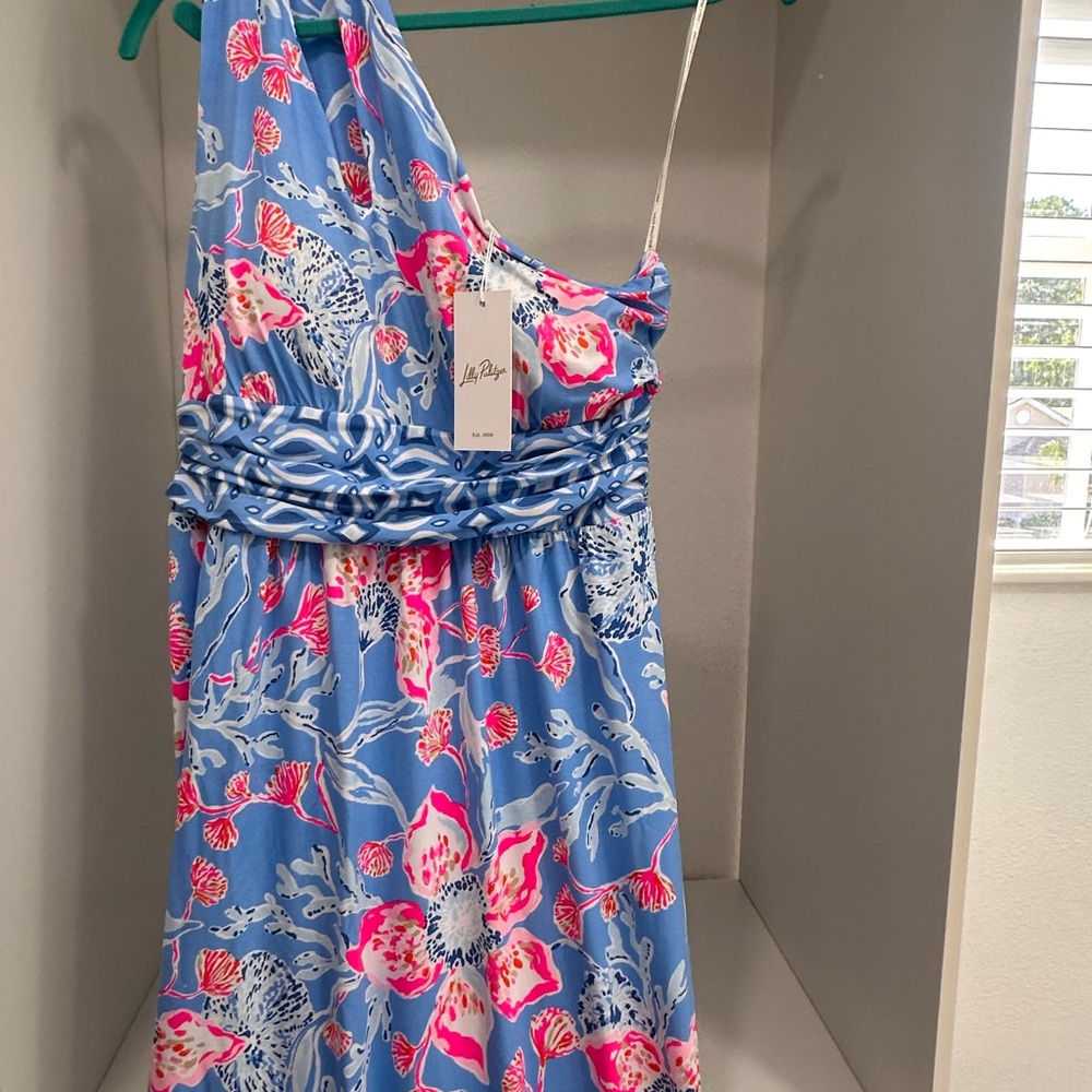 Lilly Pulitzer One-Shoulder Floral Sheath Dress in Turquoise and Pink - Picture 5 of 7